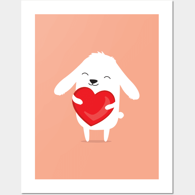 Cute cartoon bunny rabbit holding heart. Wall Art by hyperactive